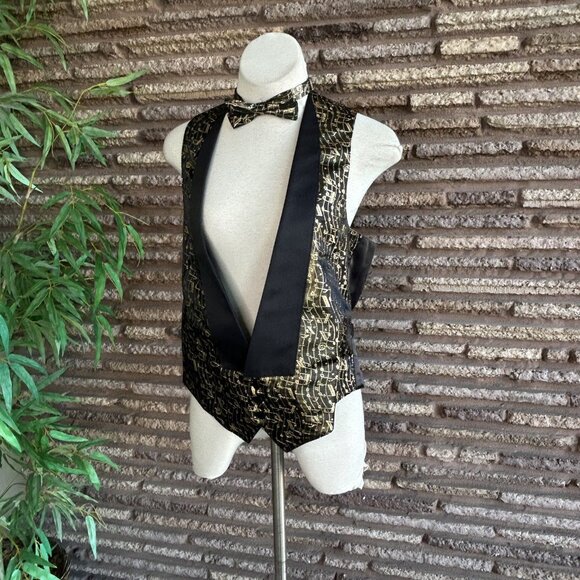 Southeastern Vintage Men's Formal Black Gold Musical Vest and Bow Tie Size Large - Picture 6 of 7